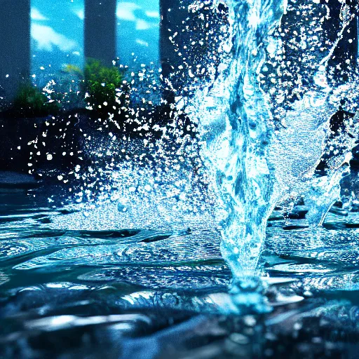 Image similar to Splashing Water Effects, Hyperrealistic Simulation, Refractions and Subsurface Scattering, Octane Renderer, Redshift, Ultra Settings, Photorealistic Rendering, Houdini, Cinematic Lights and Shadows, Depth of Field, Hyperdetailed, 4k