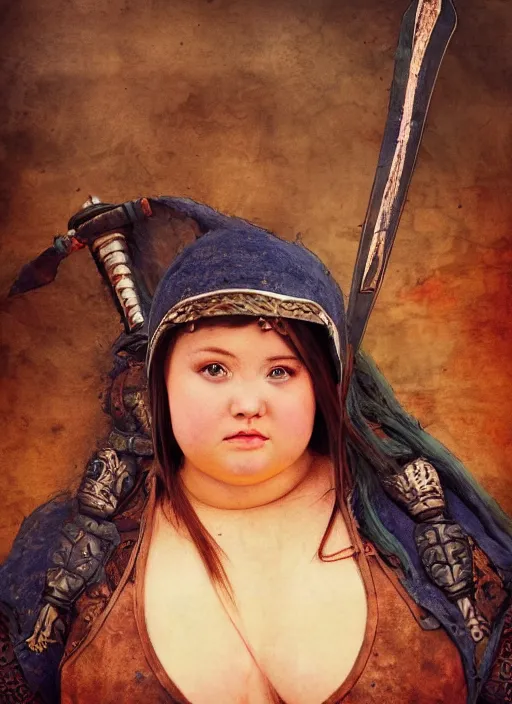 Prompt: hyper realistic photo of medieval chubby beautiful warrior girl, full body, rule of thirds, conceptart, saturated colors