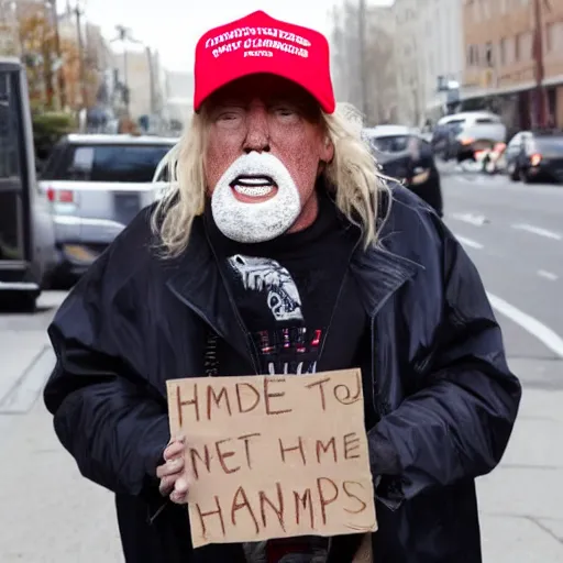 Prompt: donald trump dressed as a homeless man asking for money on the streets, detailed face