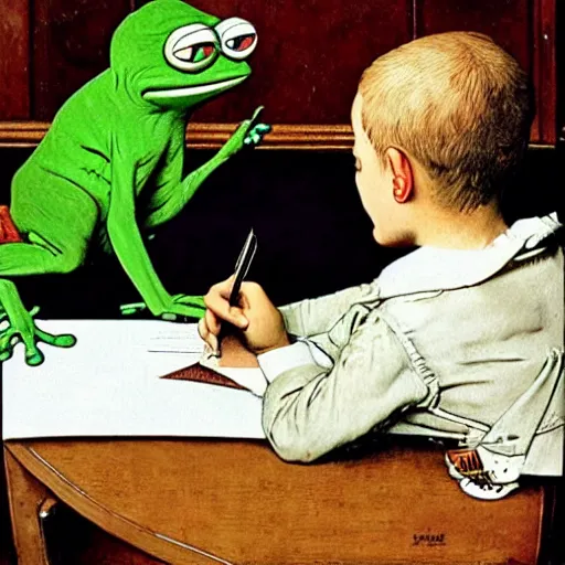 Prompt: pepe the frog writing a letter by norman rockwell