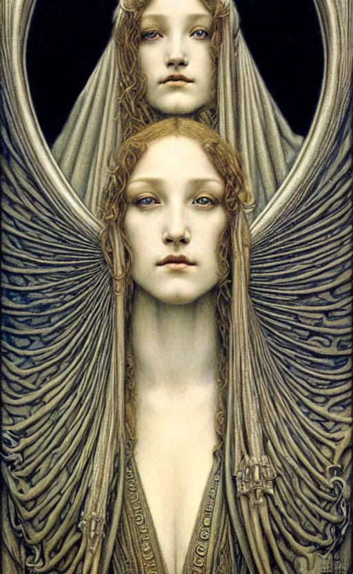 Image similar to detailed realistic beautiful young medieval queen face portrait by jean delville, gustave dore and marco mazzoni, art nouveau, symbolist, visionary, gothic, pre - raphaelite. horizontal symmetry