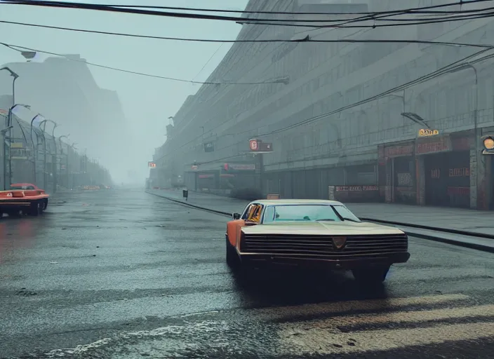 Prompt: hyperrealistic matte painting of gta in soviet moscow, 1 9 7 0 s, playstation 5 screenshot, fine details, rain, few people, rtx reflections, soviet suburbs, paneled buildings, fog, night, photorealistic, unreal octane render, volumetric light, featured on cg society, 4 k, 5 0 mm bokeh, old car, artstation