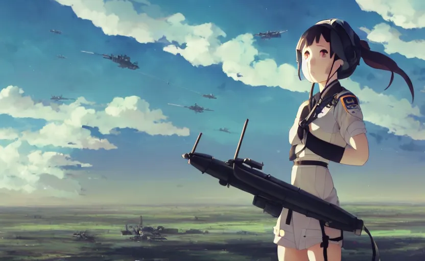 Image similar to panoramic view of cute pilot girl, black sky background, battlefield landscape, illustration concept art anime key visual trending pixiv fanbox by wlop and greg rutkowski and makoto shinkai and studio ghibli and kyoto animation, soldier clothing, military weaponry, fused airplane parts, rule of thirds