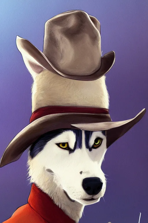 Image similar to a portrait painting of a husky in cowboy costume, wearing a cowboy hat, by [ studio ghibli ], in the style of anime, [ western film ], trending on artstation