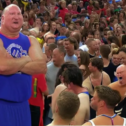 Prompt: Everyone is disgusted by how sweaty Steve Balmer is