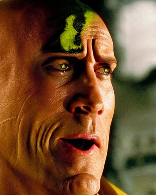 Prompt: film still close - up shot of dwayne johnson as jim carrey from the movie the mask. photographic, photography