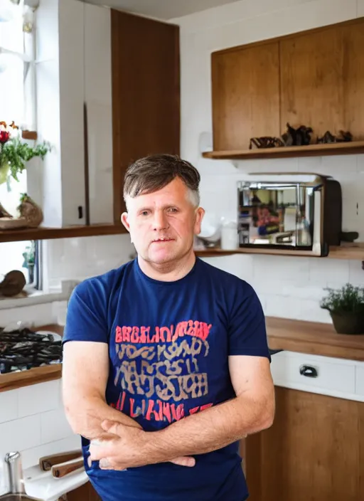 Image similar to an english irish middle aged gentleman with brown moptop hair and red cheeks is in his kitchen. he is clean shaven. he is wearing a dark blue tshirt and shorts. he holds his arms out like chicken wings and dances