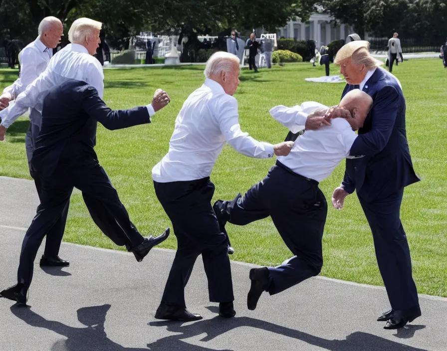 Image similar to joe biden losing an altercation with trump on the white house lawn in front of the white house, boxing, wwe, wwf