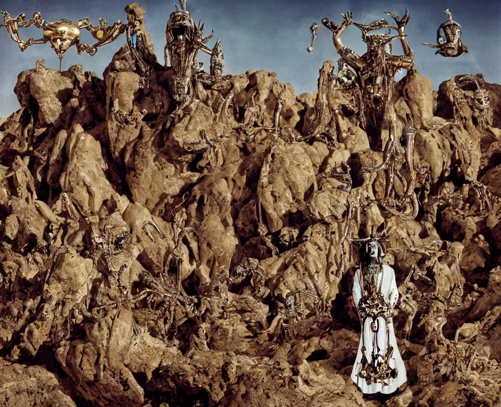 Prompt: salvador dali wearing a crown and costume with jewels in front of a huge crowd in a dry rocky desert landscape, alien construction by giger, film still from the movie by alejandro jodorowsky with cinematogrophy of christopher doyle and art direction by hans giger, anamorphic lens, kodakchrome, very detailed photo, 8 k