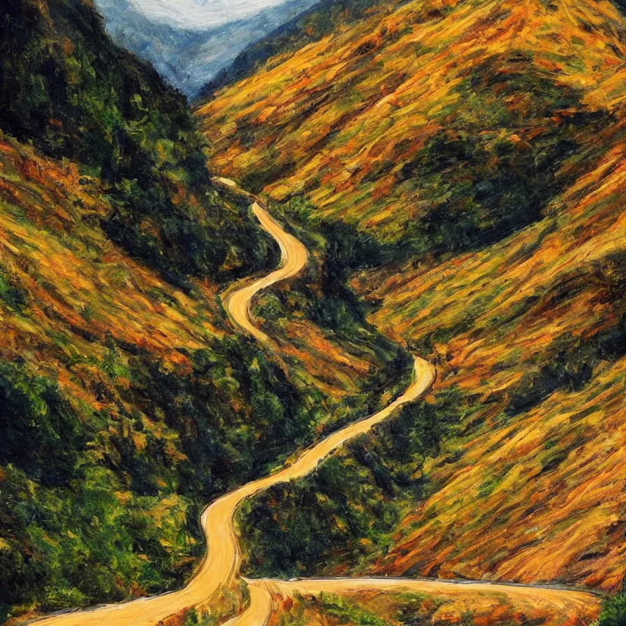 Image similar to an artwork about a road going down a beautiful valley