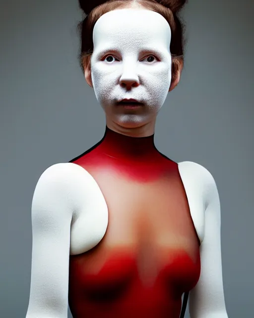 Prompt: portrait of a woman wearing a white embroidered translucent silicone mask and white red frizzy hair buns, wearing a black bodysuit by alexander mcqueen, cream white background, soft diffused light, biotechnology, humanoide robot, bjork aesthetic, translucent, by rineke dijkstra, intricate details, highly detailed, masterpiece,