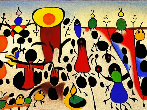 Image similar to oil painting of strange beings in a temple, Joan Miro