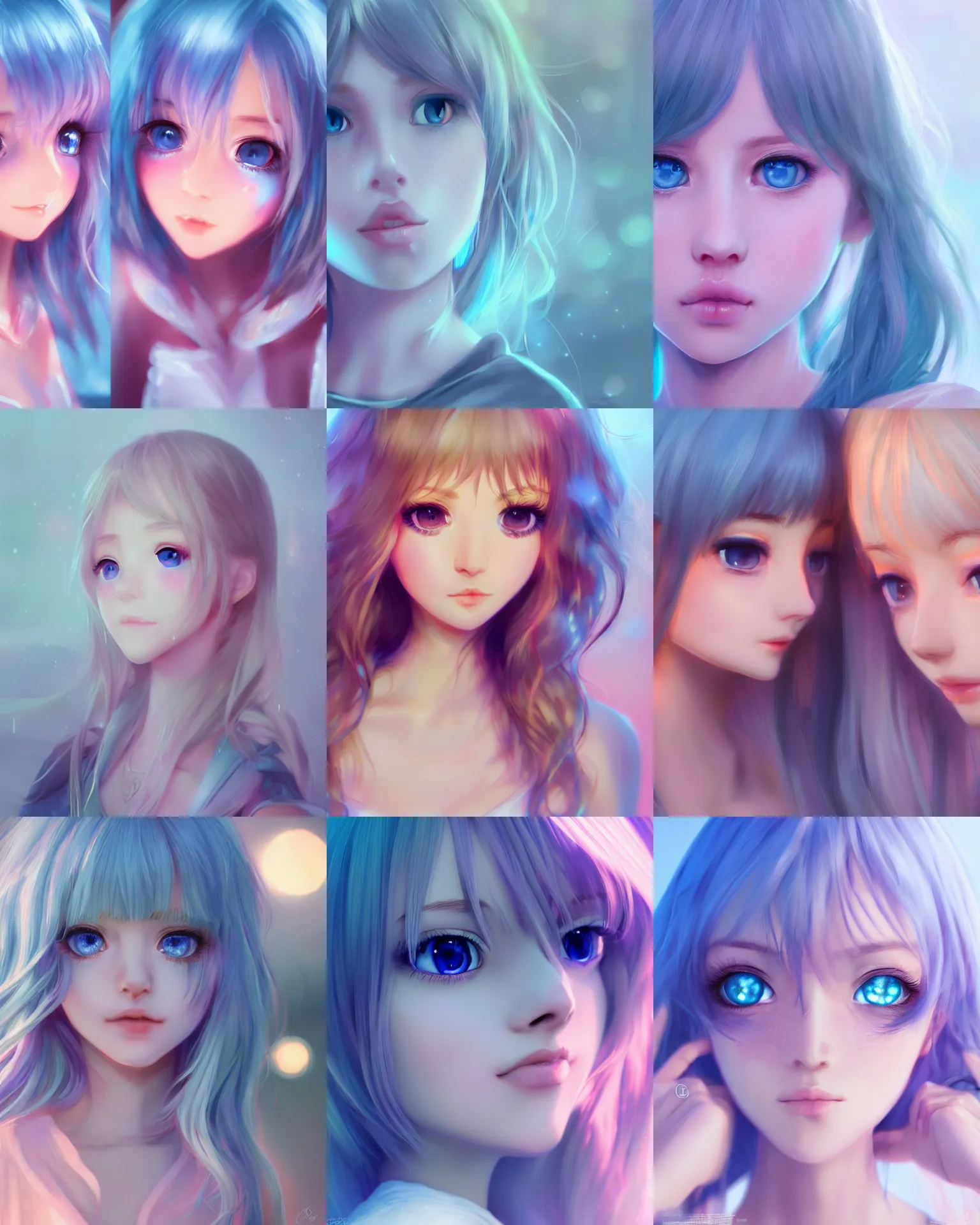 Prompt: extremely detailed blue eyes, full faces, very beautiful cute girls at night in very cute realistic WLOP digital art style, trending on Artstation, made by Tran Ross, , feminine in cute pastel shades, trending on pixiv, Unreal Engine, cool 3d visualisation, 4k, with beautiful volumetric light