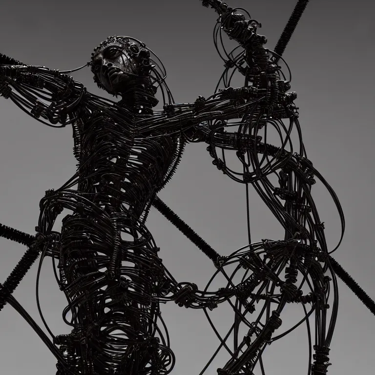 Image similar to dark biomechanical religious sculpture statue of Jesus on cross made of wires cables tubes, cyberpunk, baroque painting, beautiful detailed intricate insanely detailed octane render, 8K artistic photography, photorealistic, chiaroscuro, Raphael, Caravaggio, Giger, Beksinski, black background, volumetric light