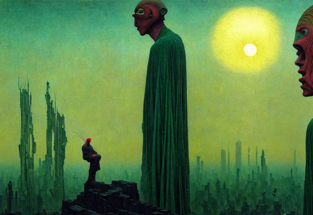 Image similar to realistic detailed portrait movie shot of a birdman wearing dark green ragged robes, futuristic city sunrise landscape background by denis villeneuve, jean delville, yves tanguy, alphonse mucha, ernst haeckel, max ernst, roger dean, rich moody colours, ethereal, closeup