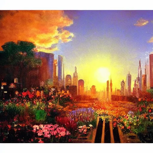 Prompt: a very beautiful eco - friendly environmental future city cityscape, lots of plants and flowers, sunrise, style of olidon redon