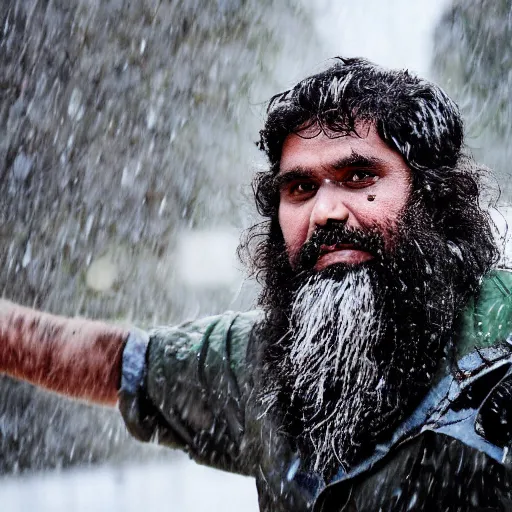 Prompt: photograph of caveman in Dhaka city during snowfall