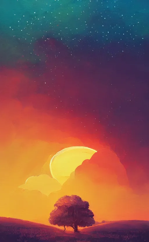 Prompt: a beautiful illustration of the shire at sunset, art of alena aenami, featured on artstation, vertical orientation, paint brush strokes, expressionism, brushstroke - laden, breathtaking clouds, birds, ocean, beautiful stars, long exposure, big sun radius, airy theme, red purple gradient, lens flare