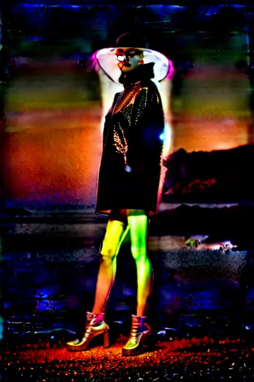 Image similar to an ultra high definition professional high fashion portrait studio full length photograph of a model wearing a transparent pearlescent raincoat and neon visor in an icelandic black rock environment at dawn. no artefacts. extremely detailed. stark. refraction. shallow depth of field. volumetric light and shadow. ray tracing. light rays.