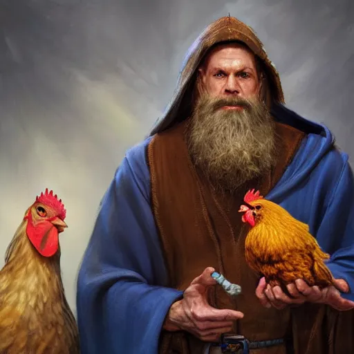 Prompt: a portrait of a wizard with his pet chicken by Johan Grenier, confused facial expression, blue robe, long beard, ArtStation, realistic, detailed