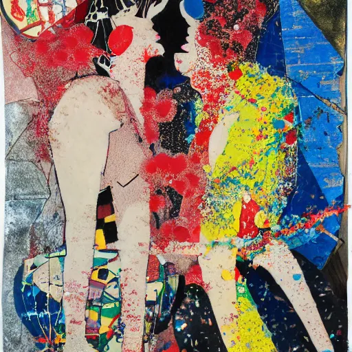 Image similar to two women kissing at a carnival in tokyo, mixed media collage, retro, paper collage, magazine collage, acrylic paint splatters, bauhaus, claymation, layered paper art, sapphic visual poetry expressing the utmost of desires by jackson pollock