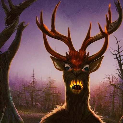 Image similar to 4 k headshot portrait of a psychedelic demonic anthropomorphic deer - horned wendigo smoking a hand - rolled cigarette smoking heavily, magic mushroom village in background. award winning. superb resolution. in the art style of junji ito and greg rutkowski. detailed mushroom city in background. hyper realistic anime. perfect art. dalle 2