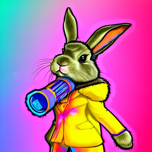 Image similar to portrait of rabbit with UV neon fur holding a machine gun , 8k, highly detailed, sharp, realistic, in style of Lisa Frank, Artstation, deviantart