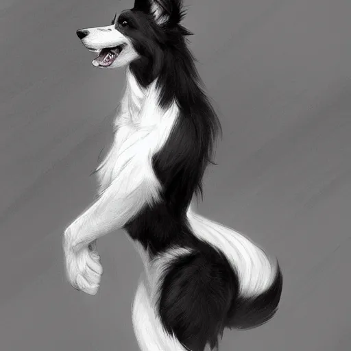 Image similar to wide angle beautiful full body portrait of a strong male anthropomorphic anthro border collie fursona, character design by charlie bowater, henry asencio, and ross tran, furry art, furaffinity, beautiful, glamor pose, detailed, aesthetic, trending on artstation