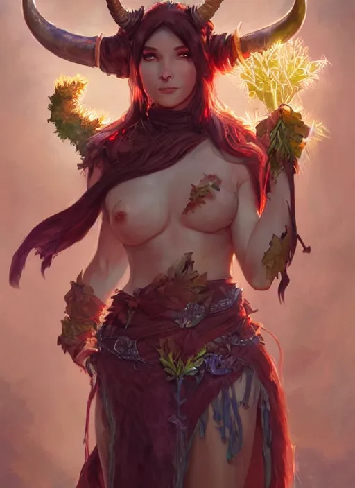 Image similar to cute Tiefling Druid with long horns, colorful leaves on light leather armor, holding tree staff, ,demon tail light-brown skin, highly detailed, digital painting, artstation, concept art, sharp focus, illustration, art by artgerm and greg rutkowski and alphonse mucha