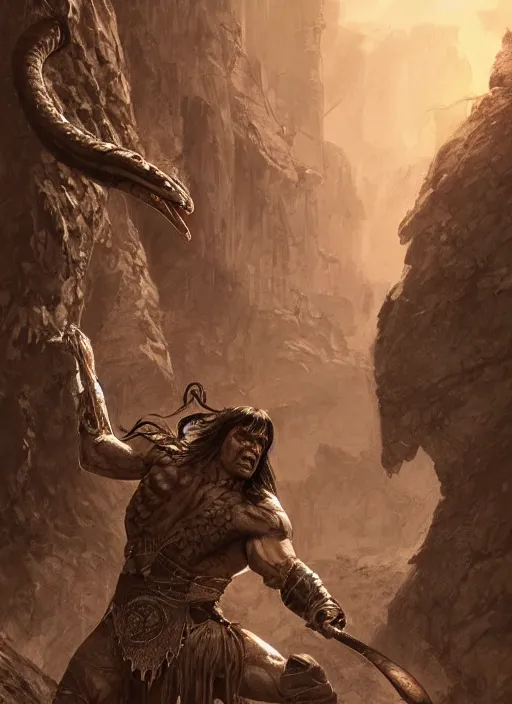 Image similar to portrait, conan the barbarian fighting a anakonda snake, Dynamic lighting, cinematic, establishing shot, extremely high detail, photo realistic, cinematic lighting, pen and ink, intricate line drawings, post processed, concept art, artstation, matte painting, style by Raphael Lacoste, Eddie Mendoza