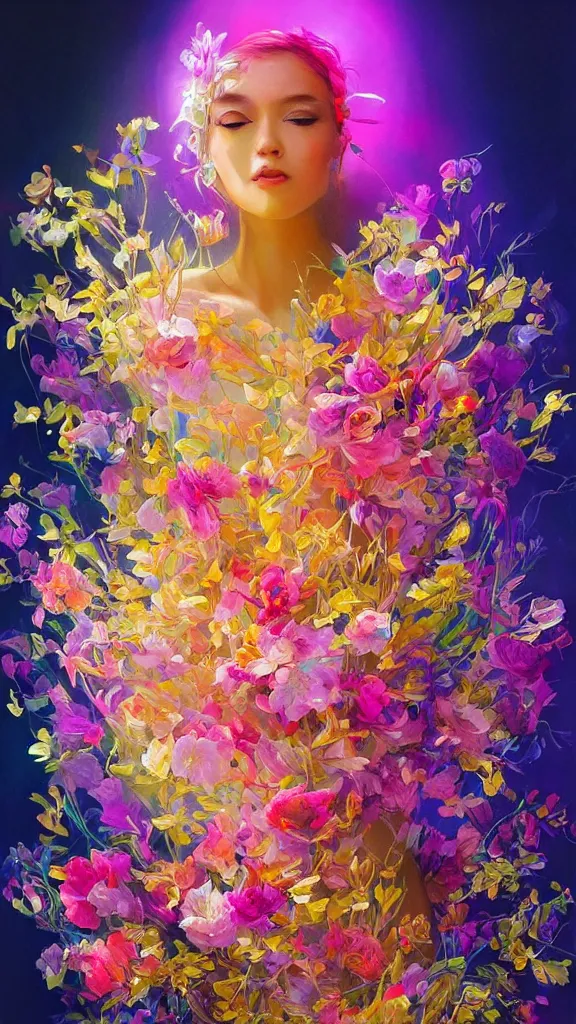 Image similar to a bouquet of ethereal big colorful transparent fluo entangled flowers, direct sunlight, gold pieces, shiny gold, glowing, vivid, detailed painting, by Ross Tran, WLOP, artgerm and James Jean, masterpiece, award winning painting,