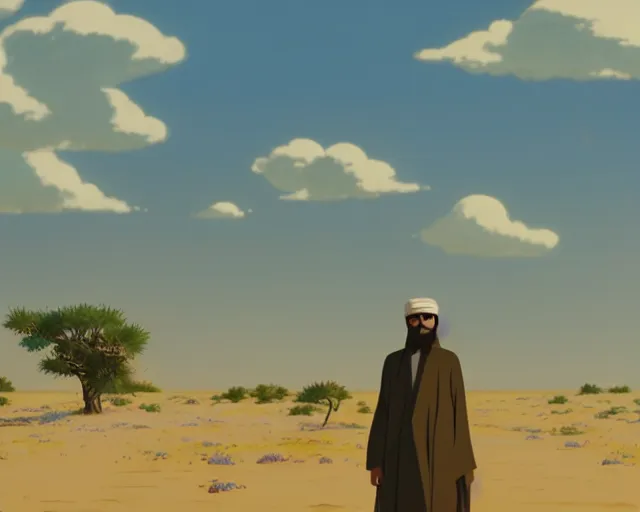 Image similar to an arabic man in the desert with wildflowers, makoto shinkai, loish, studio ghibli, tooth wu