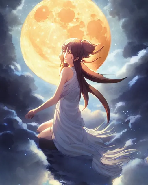 Image similar to the goddess of the moon, full shot, atmospheric lighting, detailed face, one piece style, by makoto shinkai, stanley artgerm lau, wlop, rossdraws