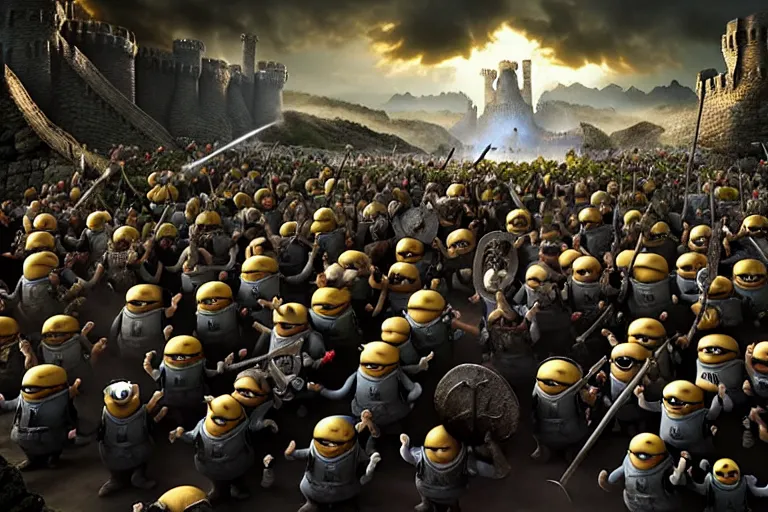 Image similar to diorama of minions fighting orcs in the battle of helm's deep, giant castle walls, realistic, 4 k, detailed, atmospheric, cinematic lighting