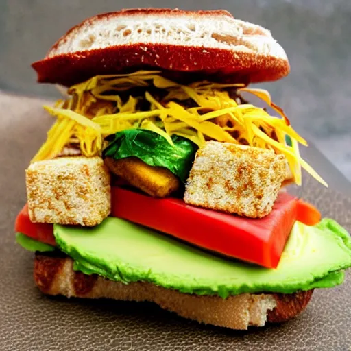 Image similar to everything made of sand, sandwich with fried tofu, one red tomato slice, mayo, onion, avocado, melted cheddar, red dish, background : jupiter and stars in the sky