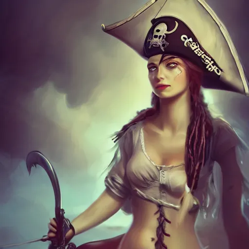 Image similar to beautiful young woman as a pirate captain, thunderstorm, diffuse lighting, full body, fantasy, intricate, highly detailed, lifelike, photorealistic, digital painting, artstation, illustration, concept art, smooth, sharp focus