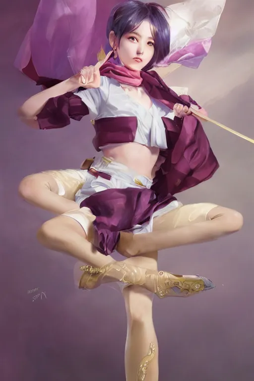 Prompt: Full View of Eunha from Viviz and gFriend with short hair wearing a purple military uniform and puffy silk shorts, white leggings, Golden Ribbon, and a billowy scarf. Rhythmic gymnastics poses. masterpiece 4k digital illustration by Ruan Jia and Mandy Jurgens and Artgerm and greg rutkowski and WLOP, award winning, Artstation, art nouveau aesthetic, Alphonse Mucha background, intricate details, realistic, panoramic view, Hyperdetailed, 8k resolution, intricate art nouveau