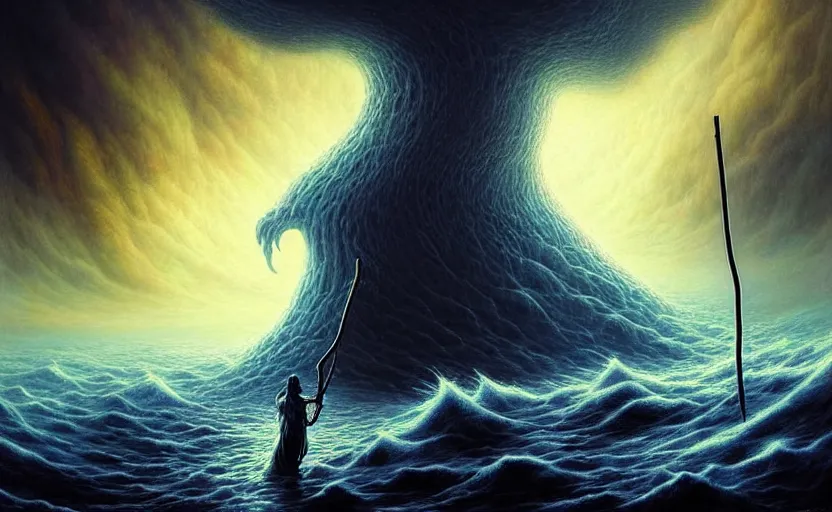 Image similar to beautiful digital fantasy illustration of a demon holding a staff!!, hellish background, a giant wave in the sky, apocalypse art!!!!, apocalypse landscape!!!!!, lovecraftian!!, cosmic horror!!!, concept art by Jarosław Jaśnikowski, a detailed matte painting by Dan Luvisi, cgsociety, fantasy art, highly detailed, soft lighting, rendered in octane, masterpiece, very very very aesthetic