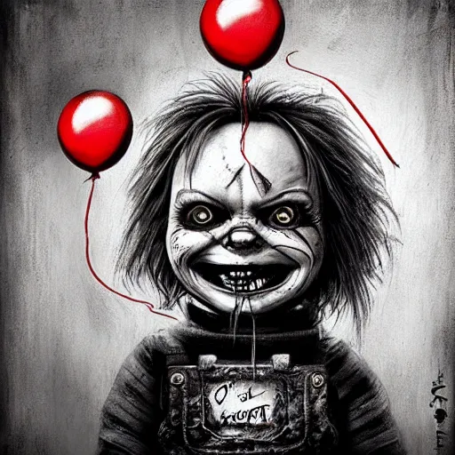 Prompt: surrealism grunge cartoon portrait sketch of chucky with a wide smile and a red balloon by - michael karcz, loony toons style, freddy krueger style, horror theme, detailed, elegant, intricate