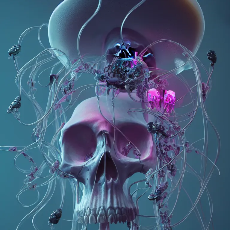 Image similar to portrait of skull and orchids, bio luminescent jellyfish, intricate artwork by Tooth Wu and wlop and beeple. octane render, trending on artstation, greg rutkowski very coherent symmetrical artwork. cinematic, hyper realism, high detail, octane render, 8k