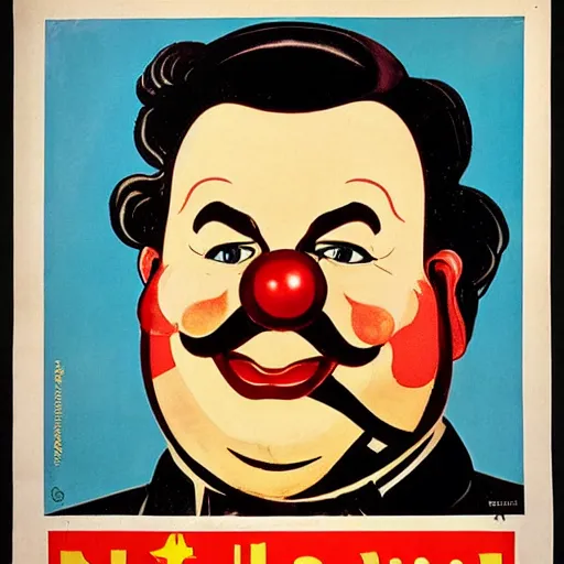 Image similar to fat communist clown portrait, soviet propaganda poster, vivid colors