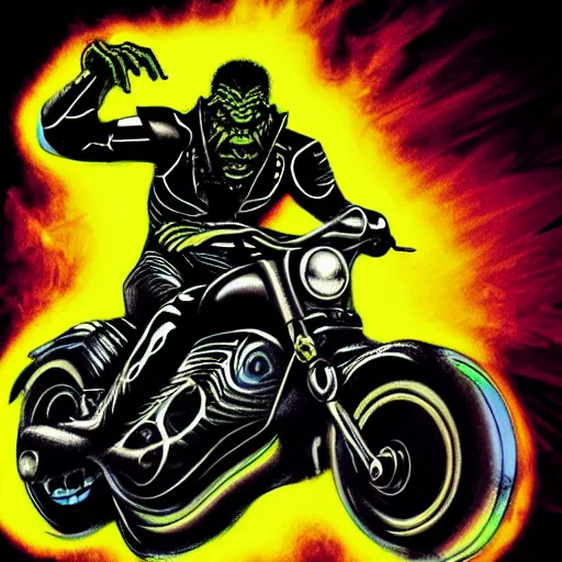 Image similar to psychedelic blacklight airbrush artwork, hyper stylized action shot of an orc biker riding a motorcycle, clear focused details, soft airbrushed edges and gradients on a black background