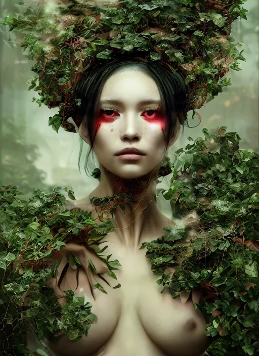 Image similar to portrait of a futuristic geisha cyborg overgrown with ivy, modern fine art, fractal, intricate, elegant, highly detailed, digital photography, subsurface scattering, by jheronimus bosch and greg rutkowski,