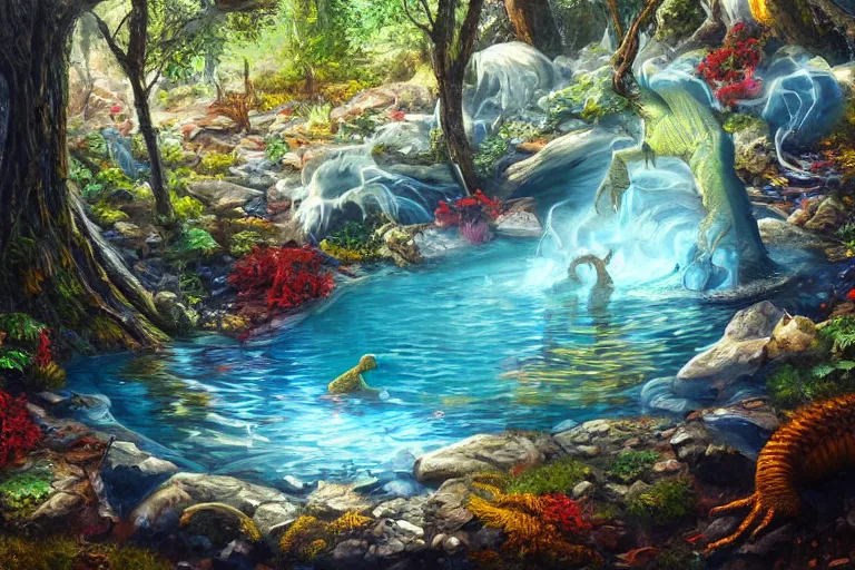 Image similar to highly detailed oil painting of a crytal lizard sitting in a steaming colorful hotspring with woodland forest backdrop, featured on artstation