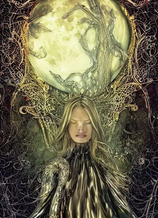 Prompt: glowing silver and golden elements, full close-up portrait, A beautiful dark witch in front of the full big moon, book cover, green forest, red white black colors, establishing shot, extremly high detail, foto realistic, cinematic lighting, pen and ink, intricate line drawings, by Yoshitaka Amano, Ruan Jia, Kentaro Miura, Artgerm, post processed, concept art, artstation, matte painting, style by eddie, raphael lacoste, alex ross