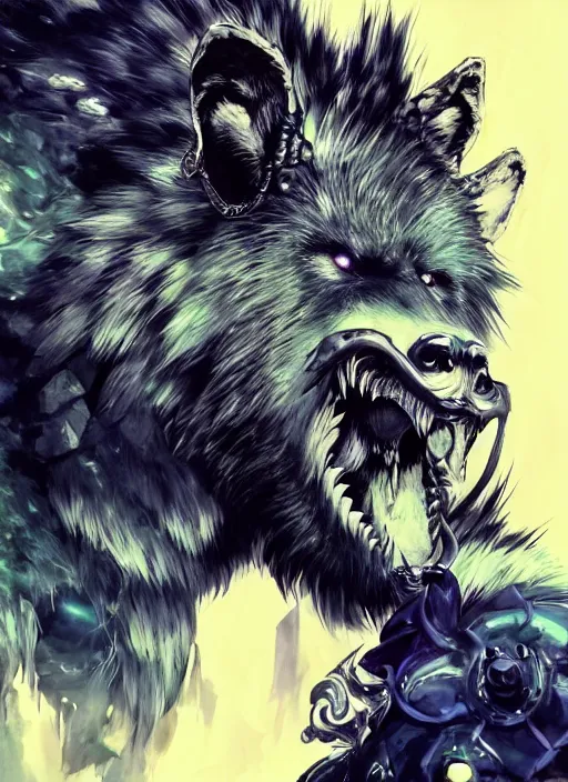 Prompt: Portrait of an giant gnoll beast with silver fur, emanating with blue aura, vibrant colours, chosen by the gods. In style of Yoji Shinkawa and Hyung-tae Kim, trending on ArtStation, dark fantasy, great composition, concept art, highly detailed, dynamic pose.