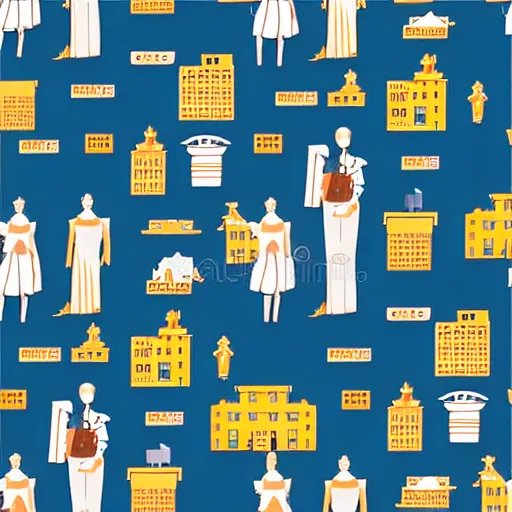 Prompt: fashion house hermes repeating pattern featuring cities and people vector illustration in style of anime realistic