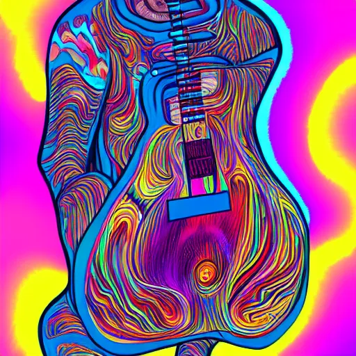 Image similar to psychedelic illustration of a guitar player melting on colors, alucination, trending on art station, masterpiece