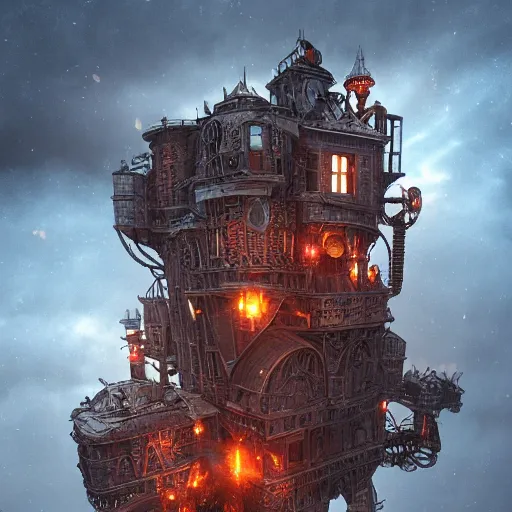 Image similar to a flying steampunk fortress, intricate, behrens style, octane render, fantasy digital art, beautiful composition, trending on artstation, night, meteors, lightning!!!, lightning, lightning, dramatic lighting, red glow, eldritch