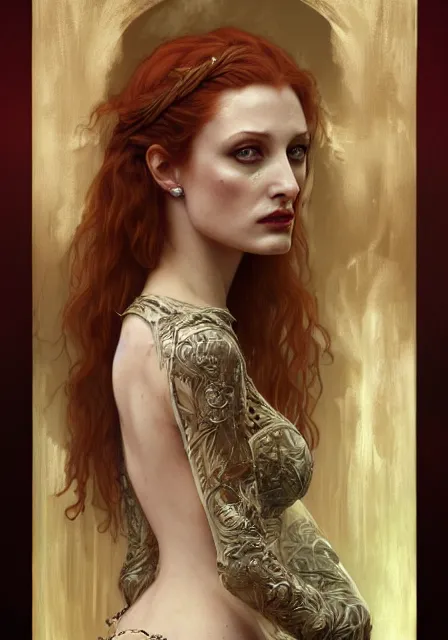 Image similar to sansa angeline jolie gessica chastain mummy zombie, intricate, elegant, highly detailed, digital painting, artstation, concept art, smooth, sharp focus, illustration, art by artgerm and greg rutkowski and alphonse mucha and william - adolphe bouguereau